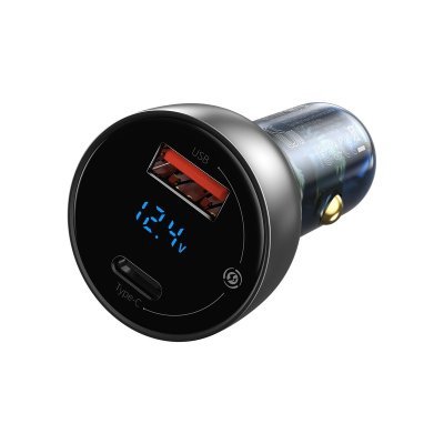 Nabíjačka do auta BASEUS s digitálnym displejom strieborná USB + USB-C, QC3.0 + PD, 5A, 65 W
