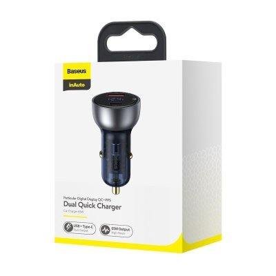 Nabíjačka do auta BASEUS s digitálnym displejom strieborná USB + USB-C, QC3.0 + PD, 5A, 65 W