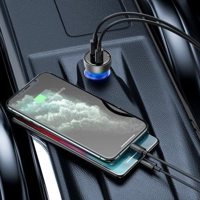 Nabíjačka do auta BASEUS s digitálnym displejom strieborná USB + USB-C, QC3.0 + PD, 5A, 65 W