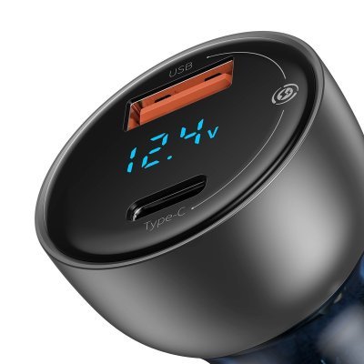 Nabíjačka do auta BASEUS s digitálnym displejom strieborná USB + USB-C, QC3.0 + PD, 5A, 65 W