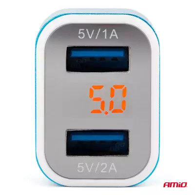 Autonabíjačka mobilného telefónu s 2xUSB + tester napätia akumulátora TEST-04