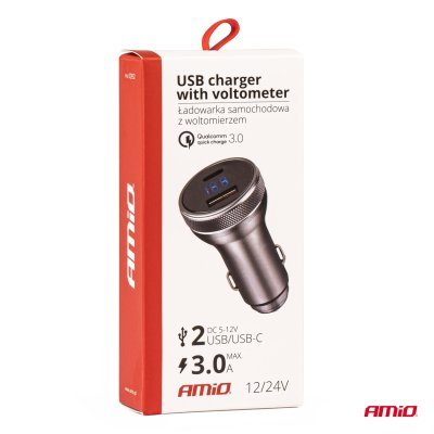 USB nabíjačka s voltmetrom 38W PCH PRO-06 USB+USB-C 12/24V