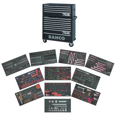 BAHCO MONSTER dielenský vozík s 8 zásuvkami a nadstavbou so 4 zásuvkami, 758 ks náradia