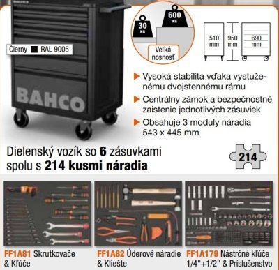 BAHCO dielenský vozík so 6 zásuvkami, s 214 ks náradia, modrý (RAL 5002)