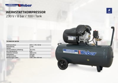 Dielenský kompresor 230 V / 8 barov / 100 l nádrž