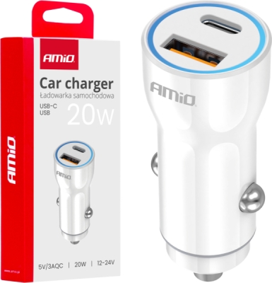 AMIO 03881 – nabíječka do auta USB-A + USB-C, 20 W, 12/24 V