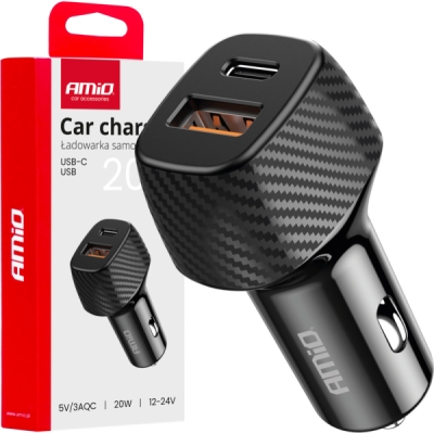 AMIO 04282 – autonabíječka USB-A QC a USB-C PD, 20 W