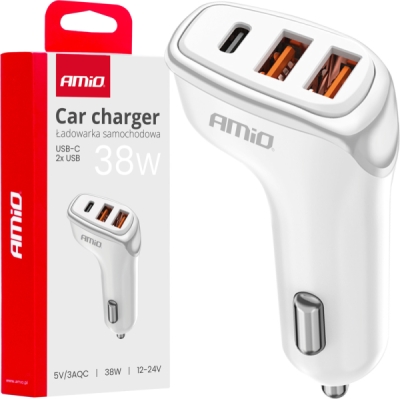 AMIO 03886 – USB nabíječka do auta, 38 W, 2× USB-A + USB-C, bílá