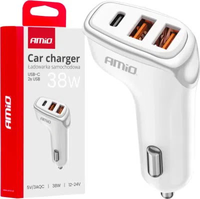AMIO 03886 – USB nabíječka do auta, 38 W, 2× USB-A + USB-C, bílá