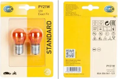 Sada 2 žárovek HELLA PY21W 12 V 21 W, BAU15s – Standard