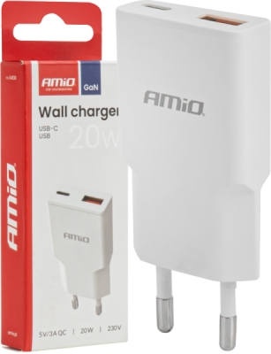 AMIO 04838 – síťová nabíječka GaN, 20 W, USB-A a USB-C