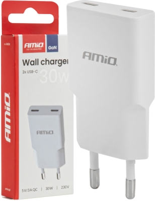 AMIO 04839 – síťová nabíječka GaN, 30 W, 2× USB-C