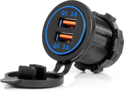 AMIO 04218 – vestavná nabíječka 2× USB-A QC3.0, 12/24 V, modrá