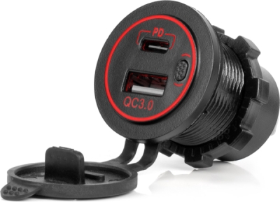 AMIO 04221 – vestavná USB-A/USB-C nabíječka, 12/24 V, červená