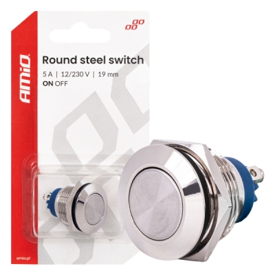 Prepínač plochý oceľový ON/OFF 19mm 5A 12/230V AMiO-04474