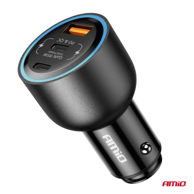 Nabíjačka do auta 2x USB C port + USB A port 12/24V 95W AMiO-04372
