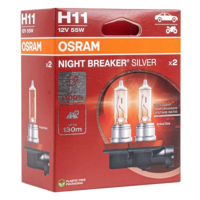 Halogénové žiarovky Osram H11 12V 55W PGJ19-2 NIGHT BREAKER SILVER+100% 2ks