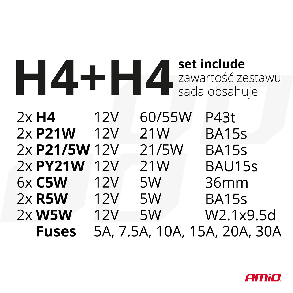 Sada halogenových žiaroviek a poistiek, 30 ks. H4 + H4 AMiO-03958