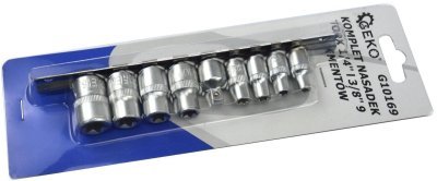Nástrčné hlavice torx E5-16, 1/4", 3/8", 9ks na liště GEKO G10169