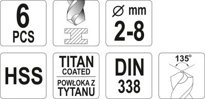 Yato Sada vrtáků do železa HSS-TiN 6ks 2-8mm