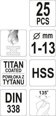 Yato Sada vrtáků do železa HSS-TiN 25ks 1-13mm