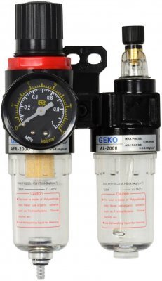 Regulátor tlaku s filtrem a manometrem a přim. oleje 1/4" GEKO G01176