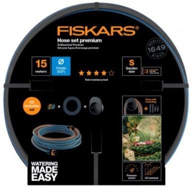 Fiskars sada zavlažovací hadice 1/2" 15m, odolnost Q4 s držákem