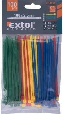 Pásky stahovací barevné, 100x2,5mm, 100ks, 4 barvy, nylon PA66 EXTOL PREMIUM