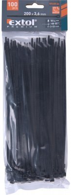 Pásky stahovací na kabely černé, 200x3,6mm, 100ks, nylon PA66 EXTOL PREMIUM