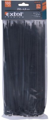 Pásky stahovací na kabely černé, 250x4,8mm, 100ks, nylon PA66 EXTOL PREMIUM