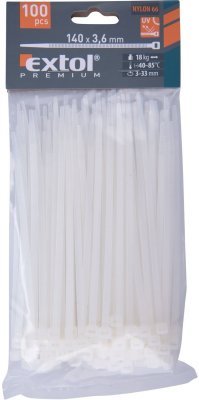 Pásky stahovací na kabely bílé, 140x3,6mm, 100ks, nylon PA66 EXTOL PREMIUM