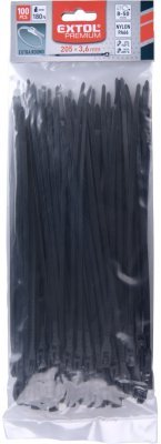 Pásky stahovací na kabely EXTRA, černé, 200x3,6mm, 100ks, nylon PA66 EXTOL PREMIUM