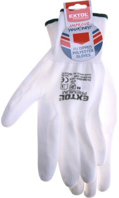 Rukavice z polyesteru polomáčené v PU, bílé, velikost 8" EXTOL PREMIUM