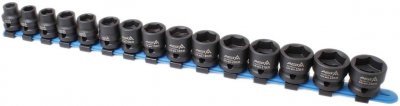 Hlavice nástrčné úderové 1/2", 10-24 mm, 6hranné extra krátké 28 mm, 15 ks na liště - ASTA A-SS151