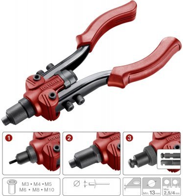Kleště nýtovací pákové COMBO, pro nýt. matice M3-M10 a trhací nýty 2,4-6,4mm FORTUM