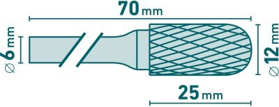 Fréza karbidová, válcová s kulovým čelem, pr.12x25mm/stopka 6mm, sek střední EXTOL INDUSTRIAL