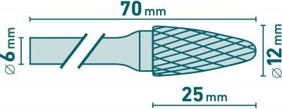 Fréza karbidová, kulatý oblouk, pr.12x25mm/stopka 6mm, sek střední EXTOL INDUSTRIAL