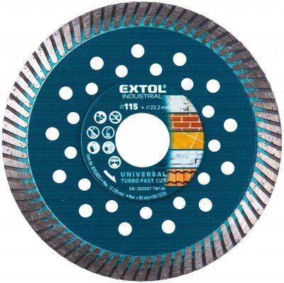 Kotouč diamantový řezný, turbo Fast Cut, suché i mokré řezání, ⌀115x22,2x2mm EXTOL INDUSTRIAL