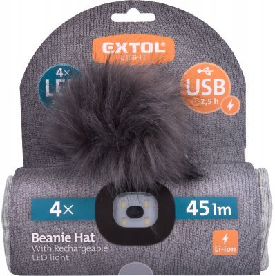 Čepice s čelovkou 4x45lm, USB nabíjení, světle šedá s bambulí, univerzální velikost EXTOL LIGHT