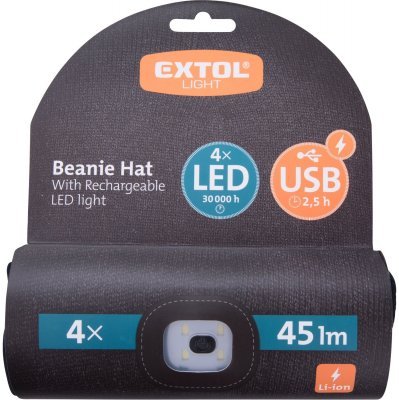 Čepice s čelovkou 4x45lm, USB nabíjení, černá, univerzální velikost EXTOL LIGHT