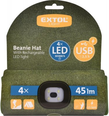 Čepice s čelovkou 4x45lm, USB nabíjení, tmavě zelená, univerzální velikost EXTOL LIGHT