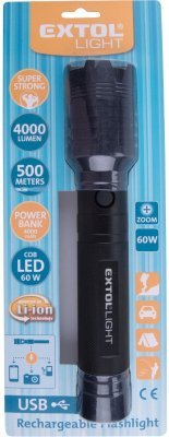 Svítilna 4000lm COB, zoom, USB nabíjení s powerbankou, 60W COB LED EXTOL LIGHT