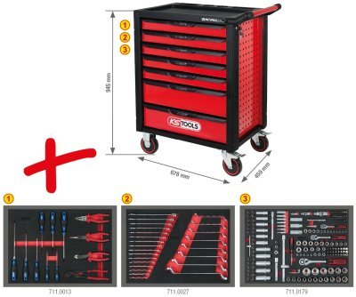 Dílenský vozík RACINGline se 7 zásuvkami a 215dílnou soupravou nářadí Premium, ČERNÁ/ČERVENÁ KS TOOLS 826.7215