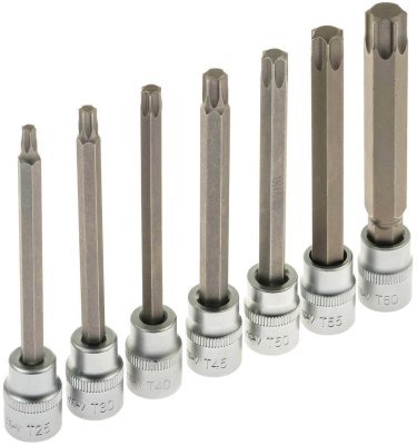 Zástrčné hlavice TORX 3/8", rozměry T25 - T60, prodloužené 110 mm, sada 7 ks - SATRA S-SLS738