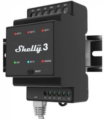 Shelly Pro 3 - spínací modul na DIN lištu, LAN, Wi-Fi, Bluetooth, 3x16A