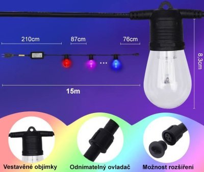 Immax NEO LITE Smart - venkovní dekorační řetěz girlanda Tuya, Wi-Fi, RGB, CCT IP65, 15W, 15m