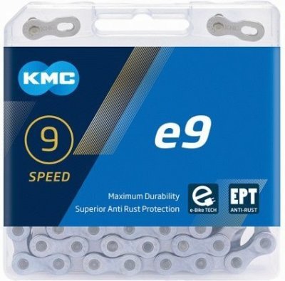Řetěz KMC e9 E-bike, EPT povrch šedý, v krabičce 136 čl.