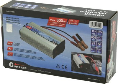 Měnič napětí 12/230V 600W + USB Compass 07109