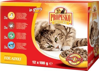 PROPESKO Cat hovězí, kuřecí, králičí a losos, kapsa 100 g (12 pack)
