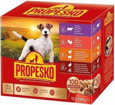 PROPESKO Dog kuřecí/jehněčí, krůta, králík s mrkví, kapsa 100 g (12 pack)